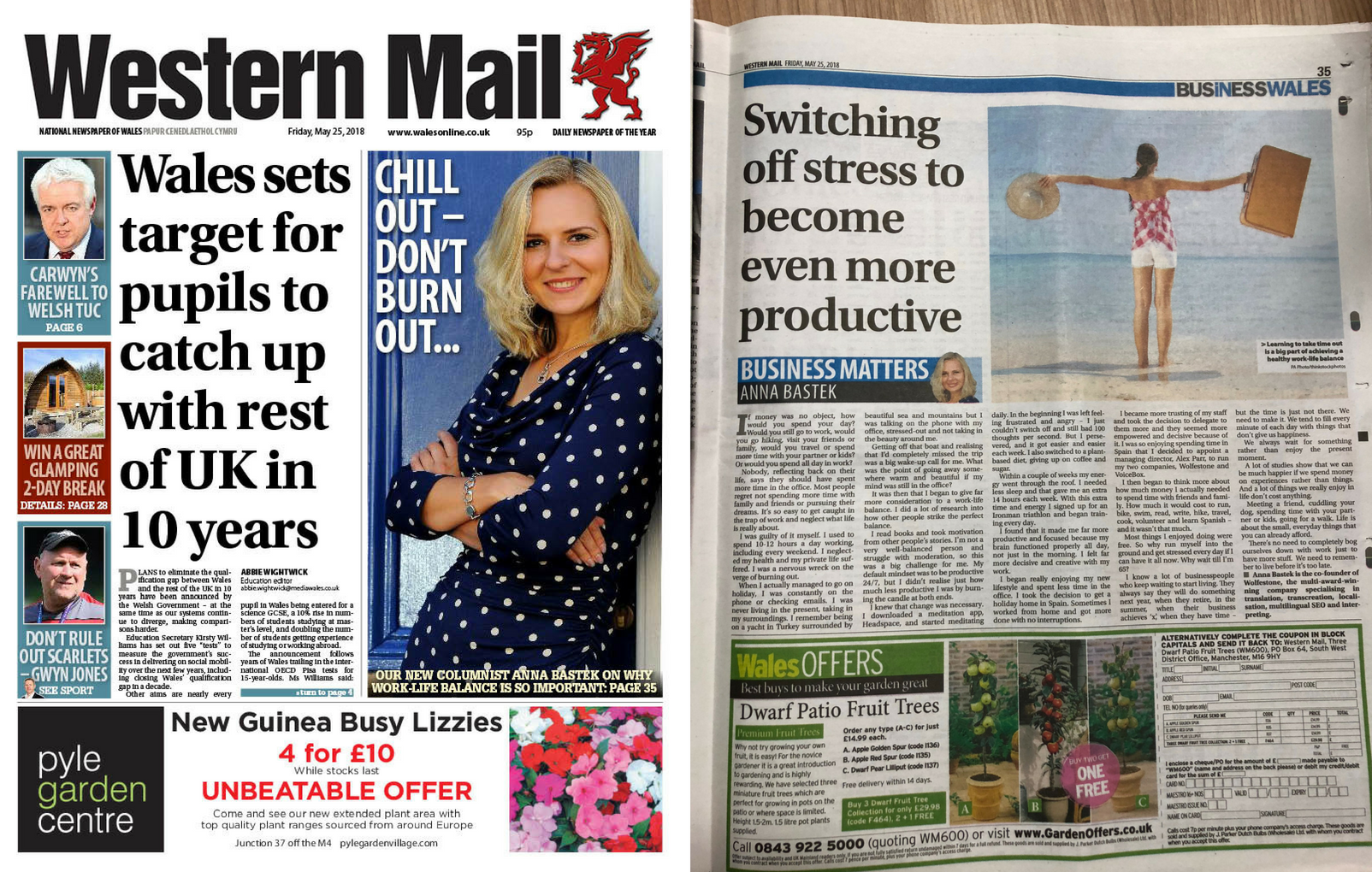 Two images of Anna Bastek's article in the Western Mail. On the left hand side is a PDF image from the front page of the Western Mail. On the right-hand side is an image of her column.