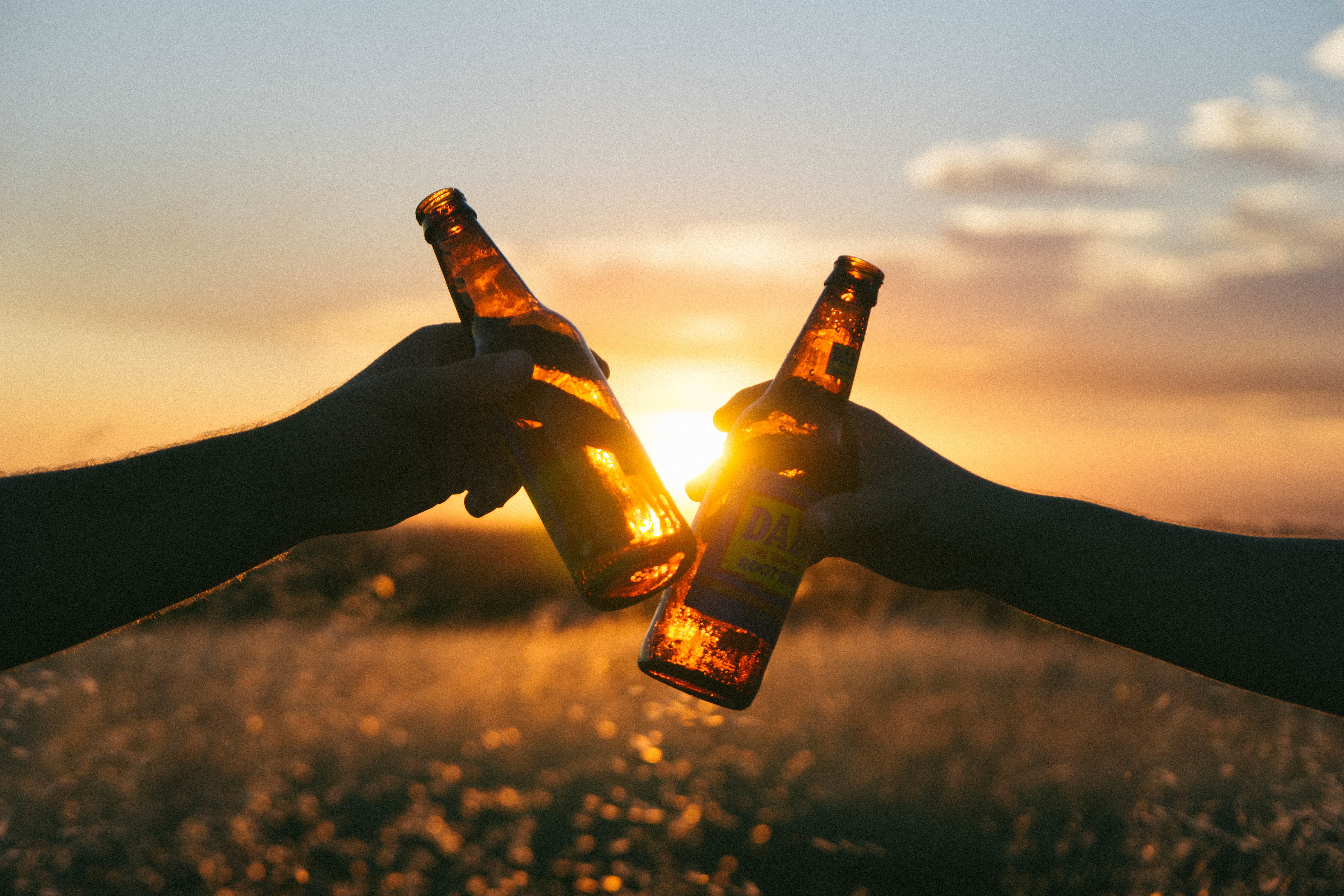Picture of two beer bottles being clinked in cheers, against the backdrop of a sunset in the countryside