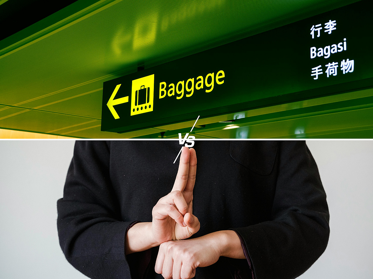 The image is split in two with a white 'vs' graphic in the middle. On the top, the image is a sign that reads 'baggage' with three other translations. On the bottom, it shows someone in a black top displaying sign language