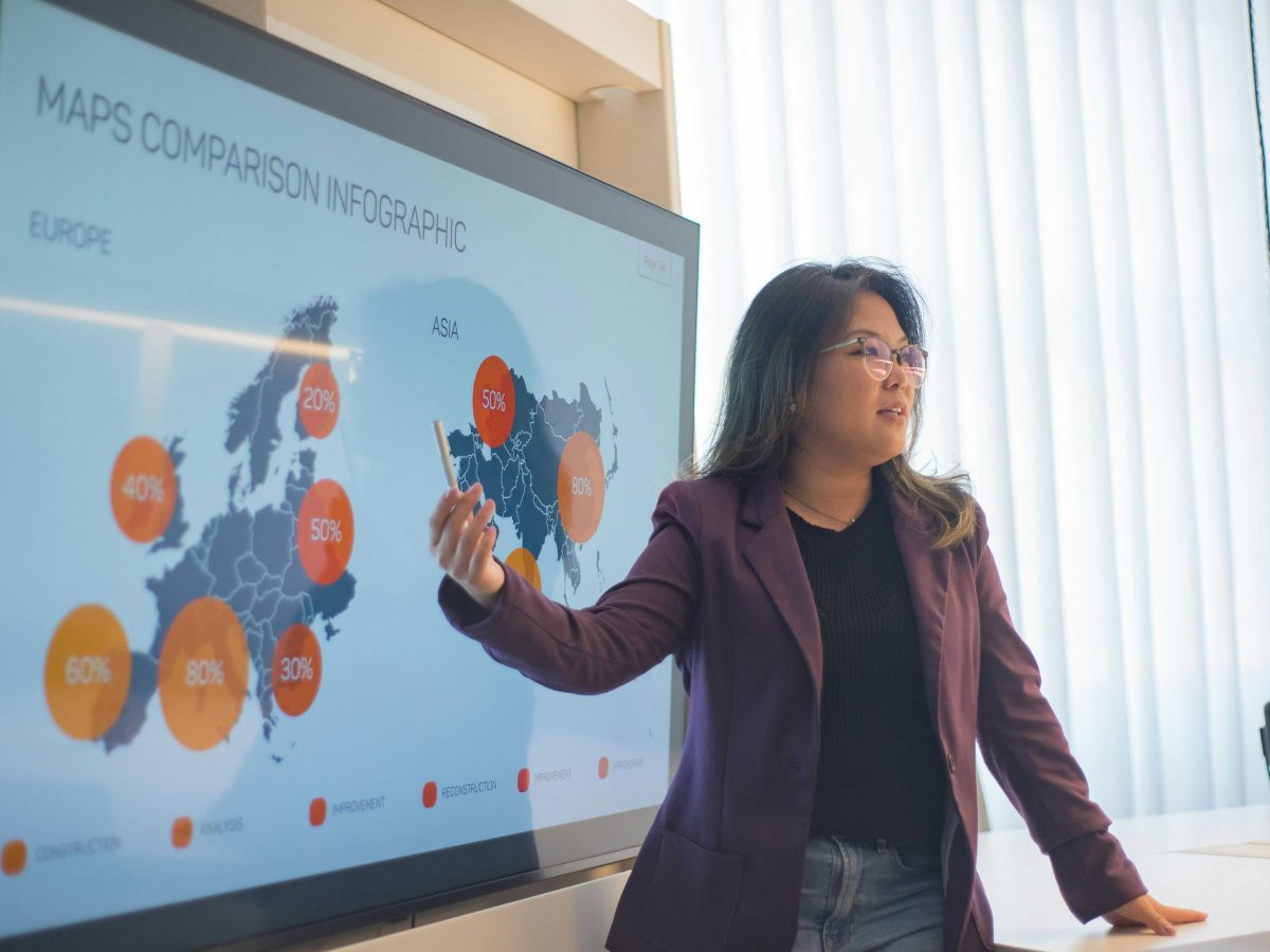 Marketing person should in front of a map