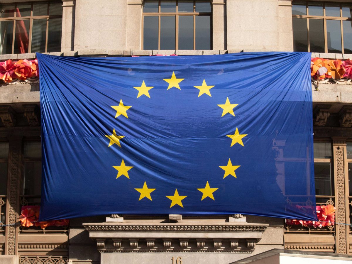 EU Flag hanging off a balcony