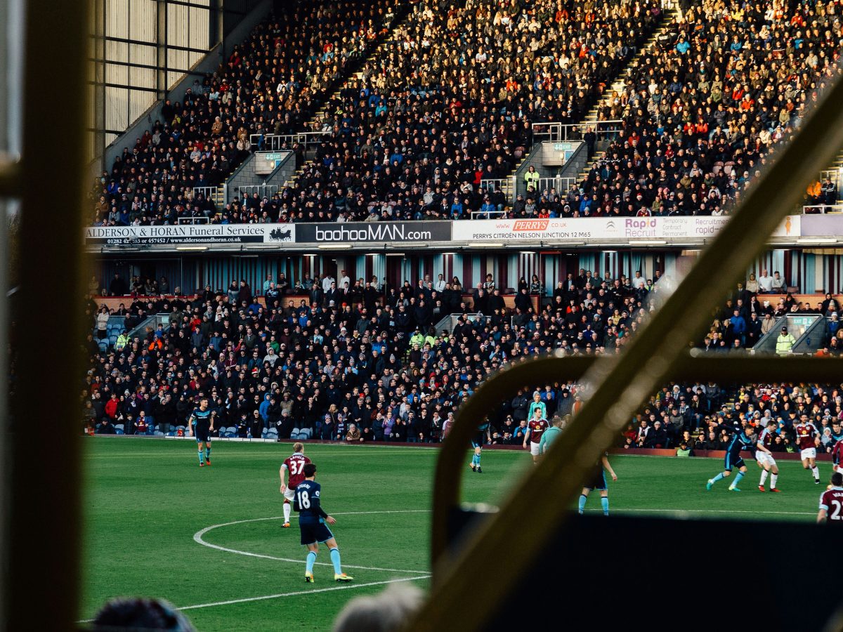 The images shows the view from the crowd at Turf Moor while Burnley are playing a game